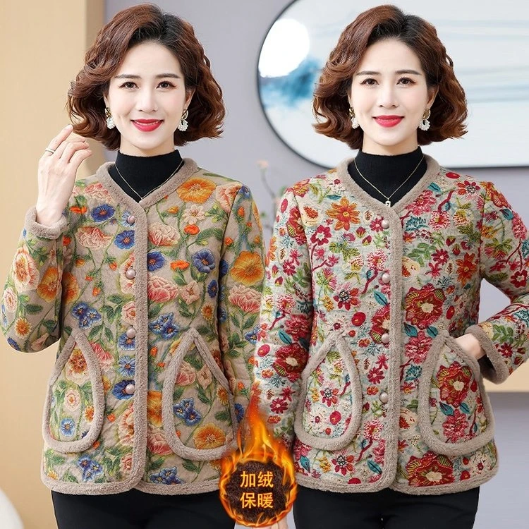 中老年女装冬季加绒加厚棉袄宽松保暖妈妈装外套