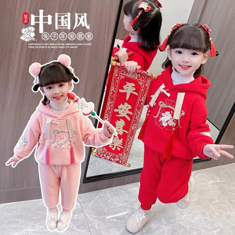 新款女童加绒加棉国风拜年冬装套装加绒卫衣儿童新年套装SJ-J-E01