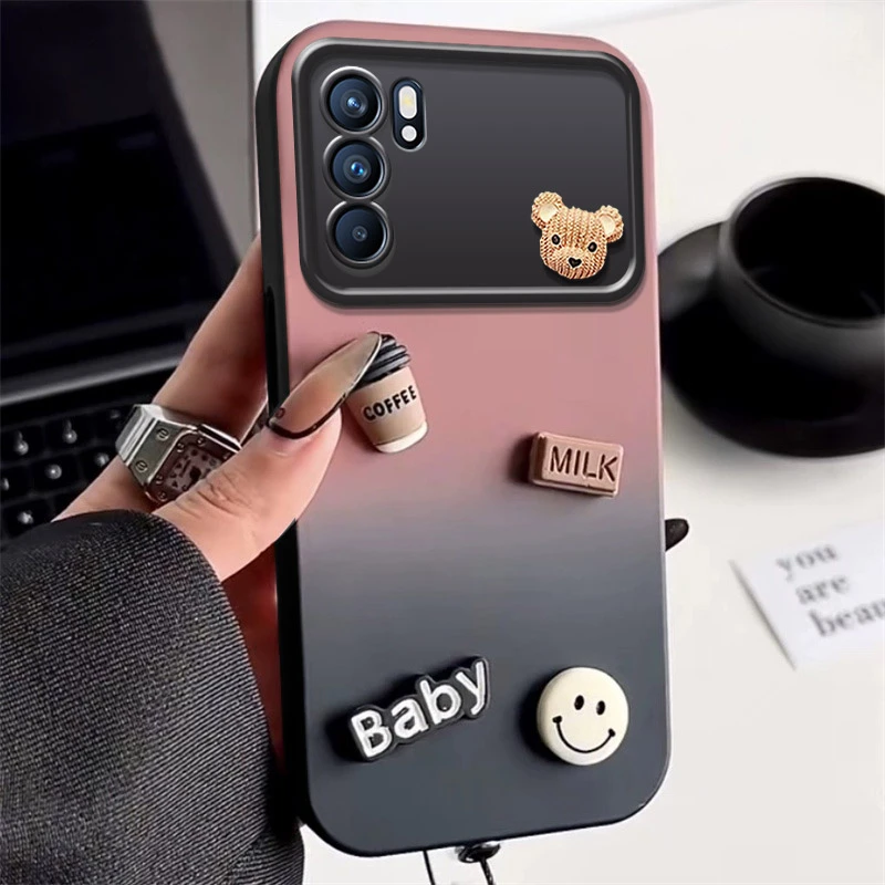 oppoReno6手机壳渐变撞色咖啡熊PEQM00新女款大视窗防摔硅胶软壳