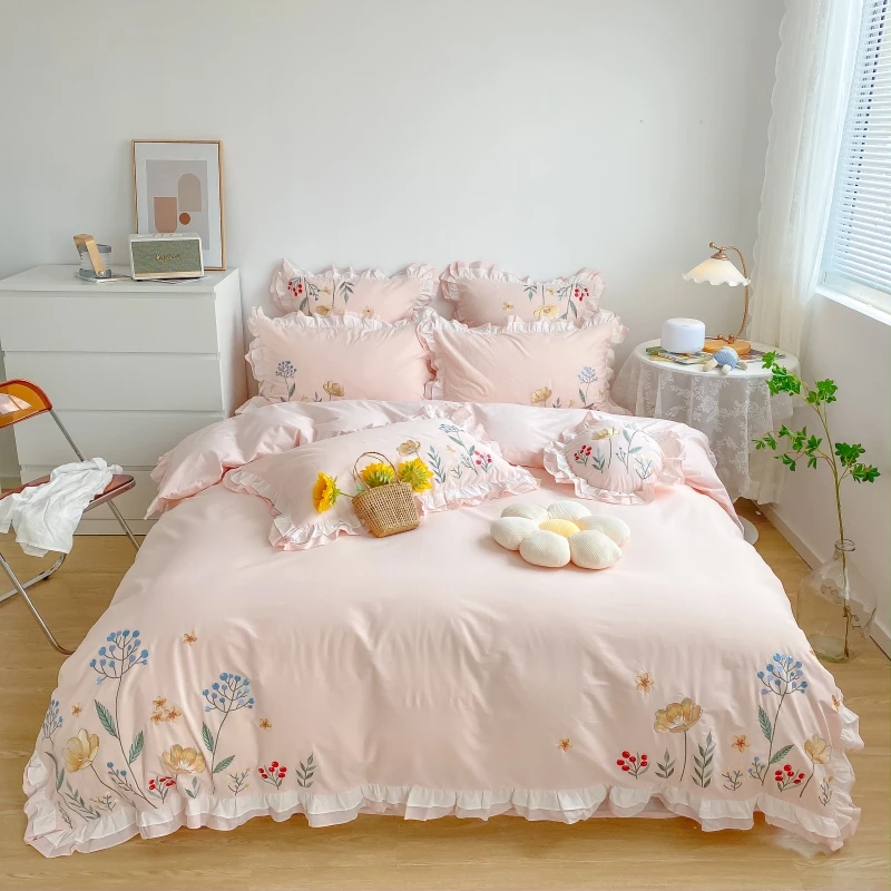 左柚家丨花海  全棉水洗棉小清新花卉刺绣花四件套纯棉双人被套