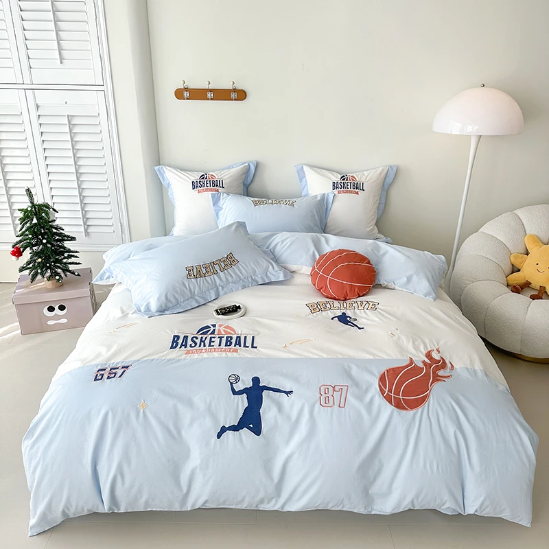 左柚家丨小小少年  篮球男孩刺绣被套纯棉三件套全棉水洗棉四件套