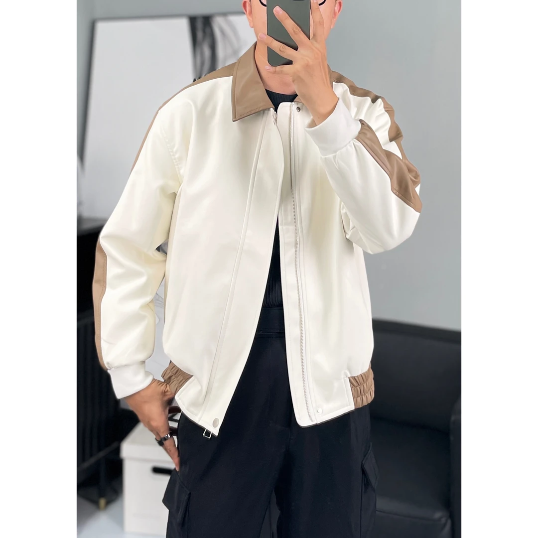 秋季新款免洗pu皮男士拼色机车翻领休闲韩版宽松夹克外套