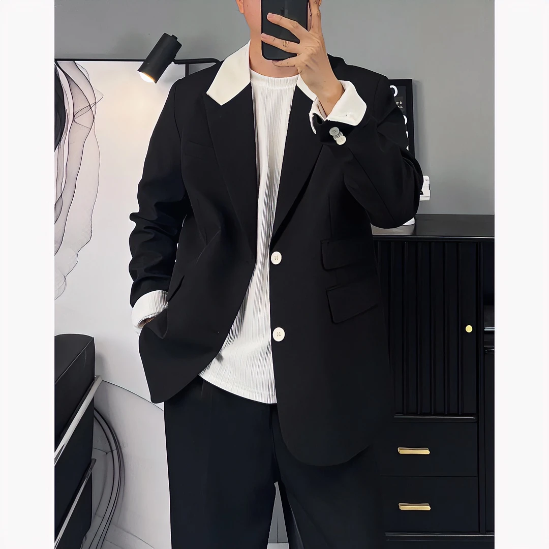 早秋新款慵懒风痞帅感拼色垫肩潮流韩系宽松西装外套西服