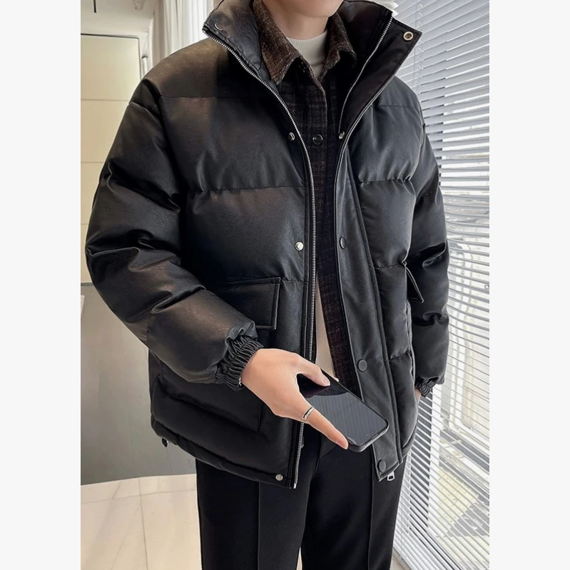 冬季新款假两件潮流时尚宽松PU短款立领保暖面包服棉服外套