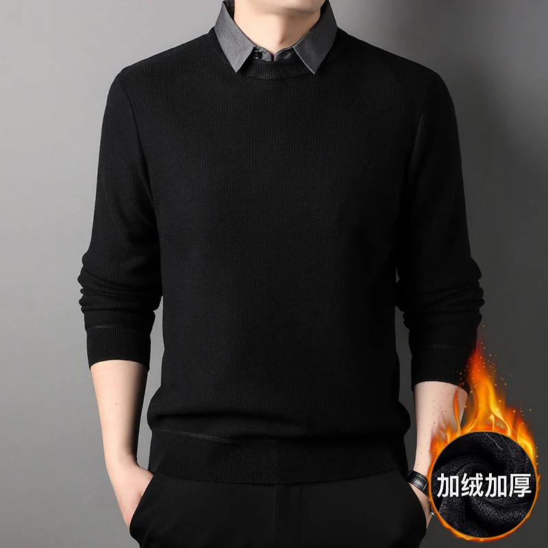 yipeng/一彭华夫格假两件绵羊毛男士衬衫领加绒加厚冬季保暖上衣