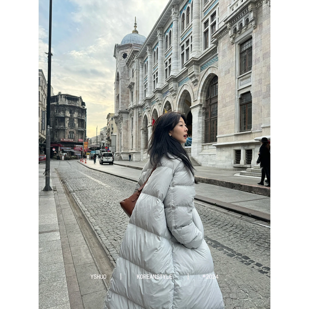 YSHUO【冬日小温泉】慵懒风立领保暖宽松过漆长款白鸭绒外套 66067