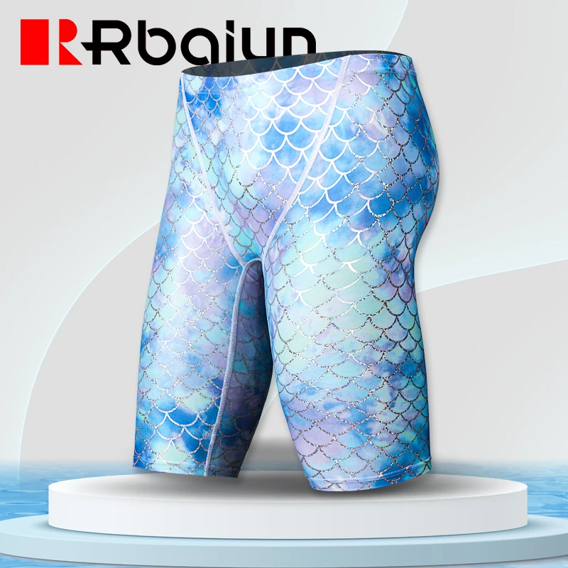 新款泳裤男五分裤专业训练竞速比赛炫彩鱼鳞齐膝男士平角游泳裤