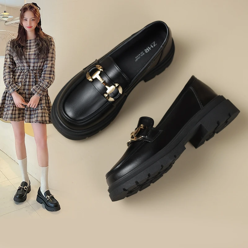 ZHR英伦风小皮鞋女2024秋冬新款厚底增高乐福鞋子一蹬脚黑色单鞋