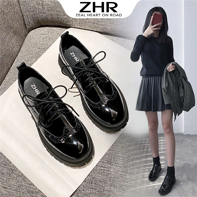 ZHR秋季新款单鞋女布洛克百搭小皮鞋英伦风复古粗跟休闲乐福鞋