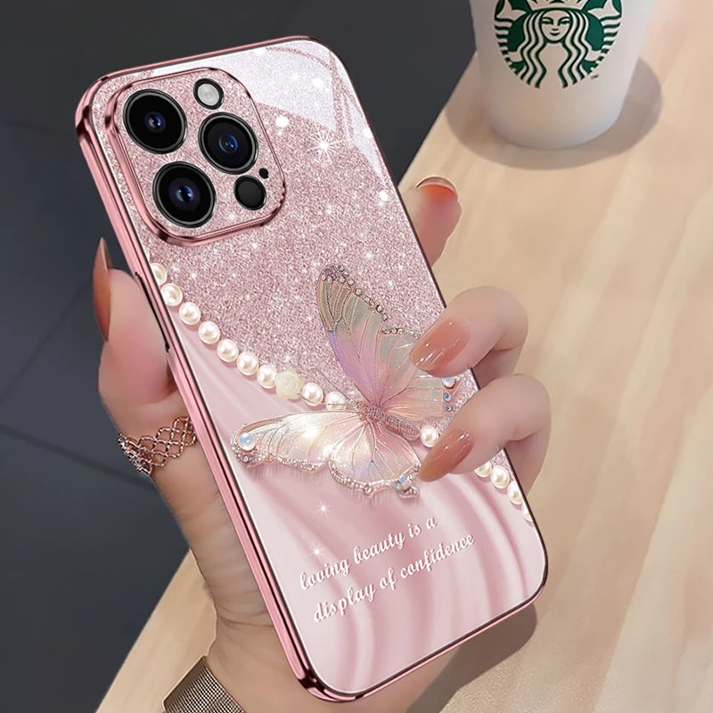 适用苹果17华为丝绸珍珠蝶手机壳16promax新款奢华网红高级感高档