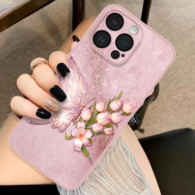 适用苹果16华为/oppo/vivo玫瑰蝴蝶手机壳15promax高级感新款高端