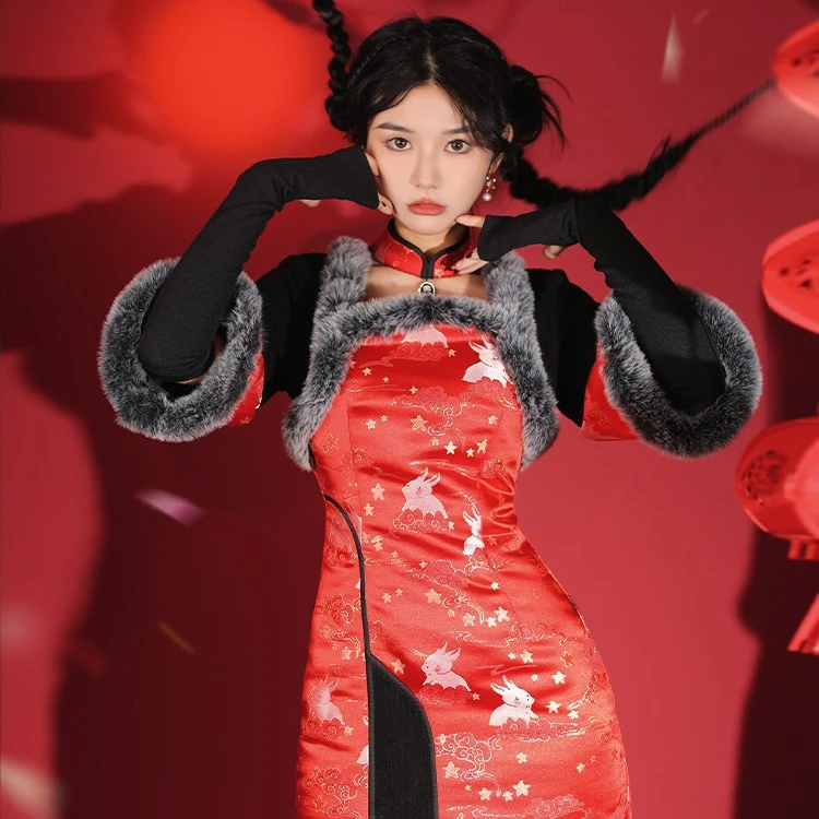 四斤自制Classic暴富兔 兔年拜年服圣诞红系提花针织厚款改良旗袍