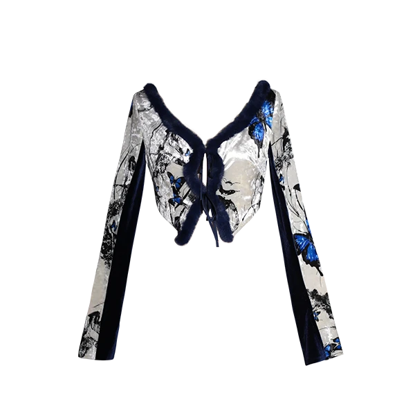 四斤四斤自制破茧外套 克莱茵蓝原创国风丝绒印花改良设计感