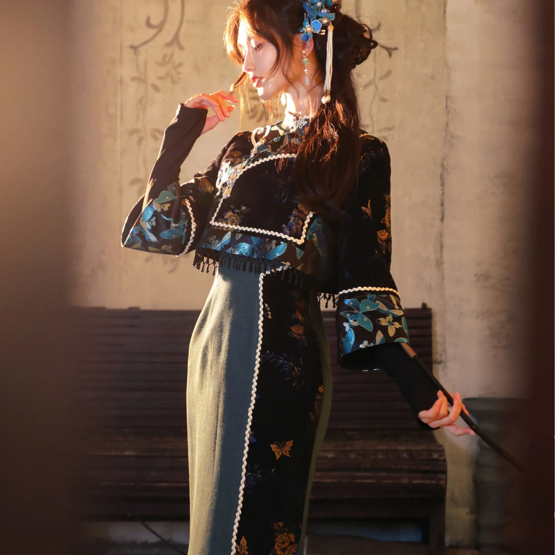 四斤自制 碎窗蝶 原创设计清汉女汉洋折衷丝绒牛仔两件套旗袍长裙