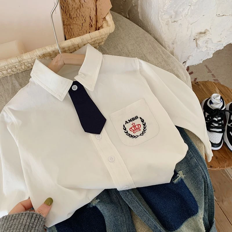 儿童衬衫2025新款男童白色衬衫女童英伦风领带学院风长袖上衣外套