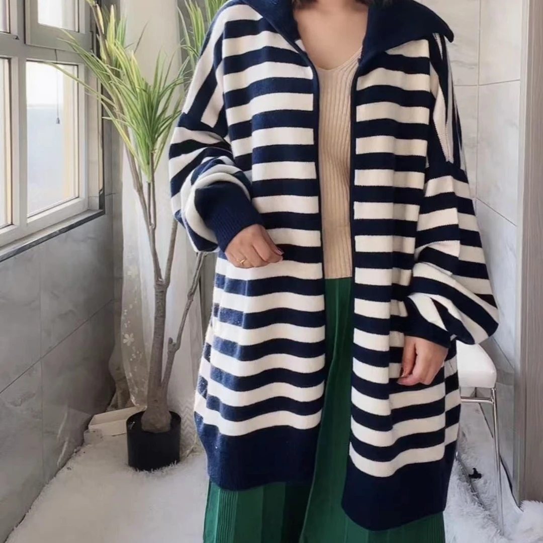 重磅推荐！蓝白条开衫羊绒条纹拼色时尚百搭针织外套长款慵懒风