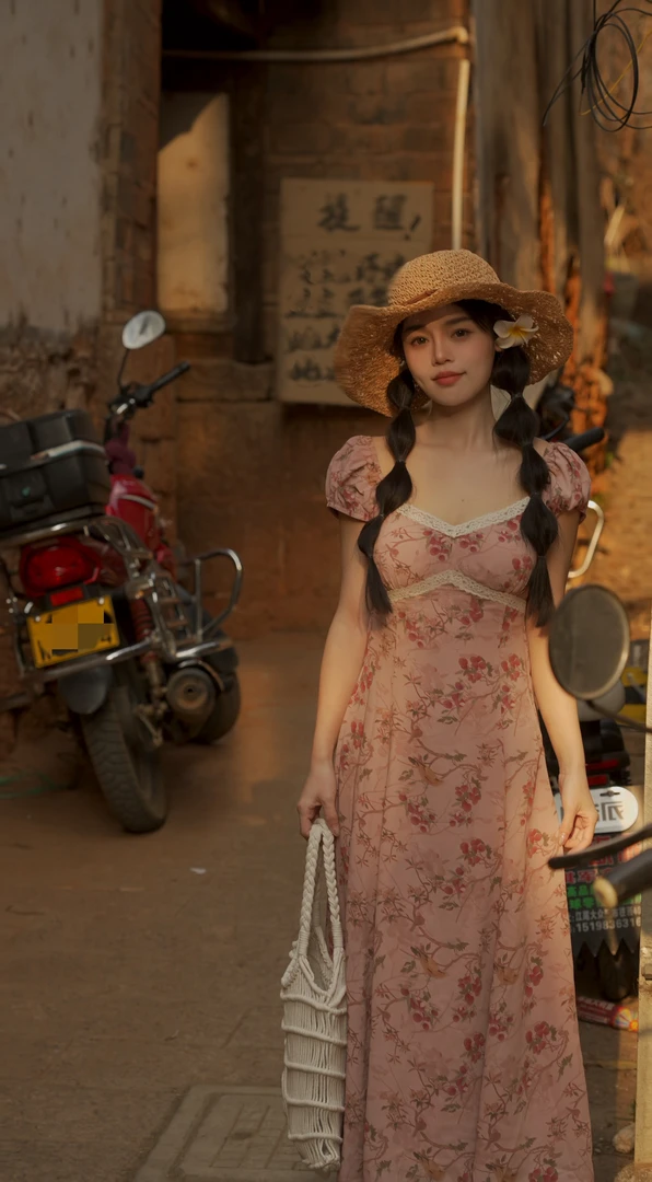 〈荔上雀〉温柔复古短袖连衣裙收腰显瘦法式碎花气质橡皮粉