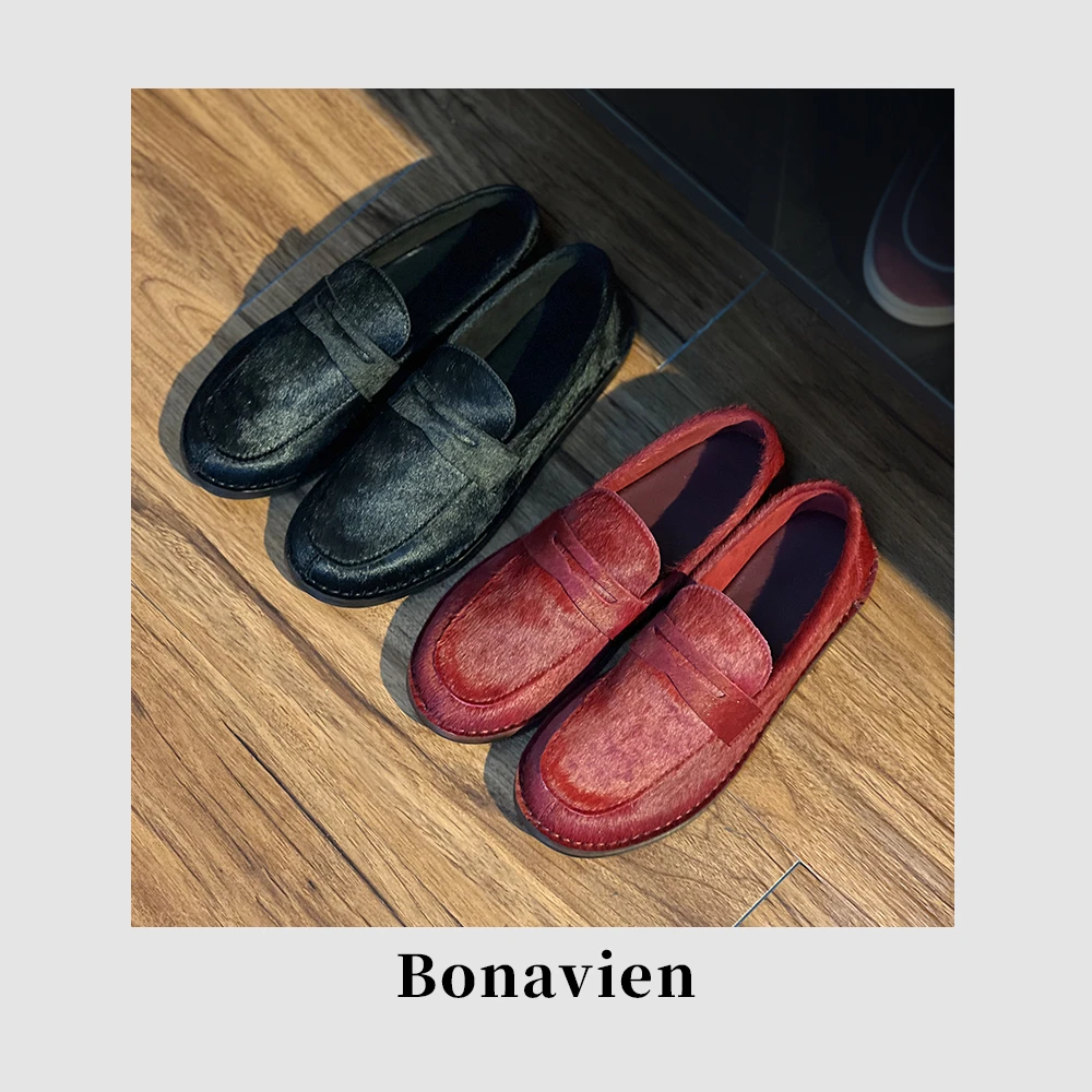 博娜薇2025春款一脚蹬软底马毛圆头平底乐福鞋C5LF016