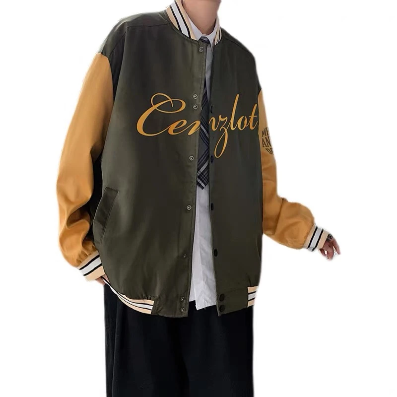 黄绿色夹棉拼接棒球服