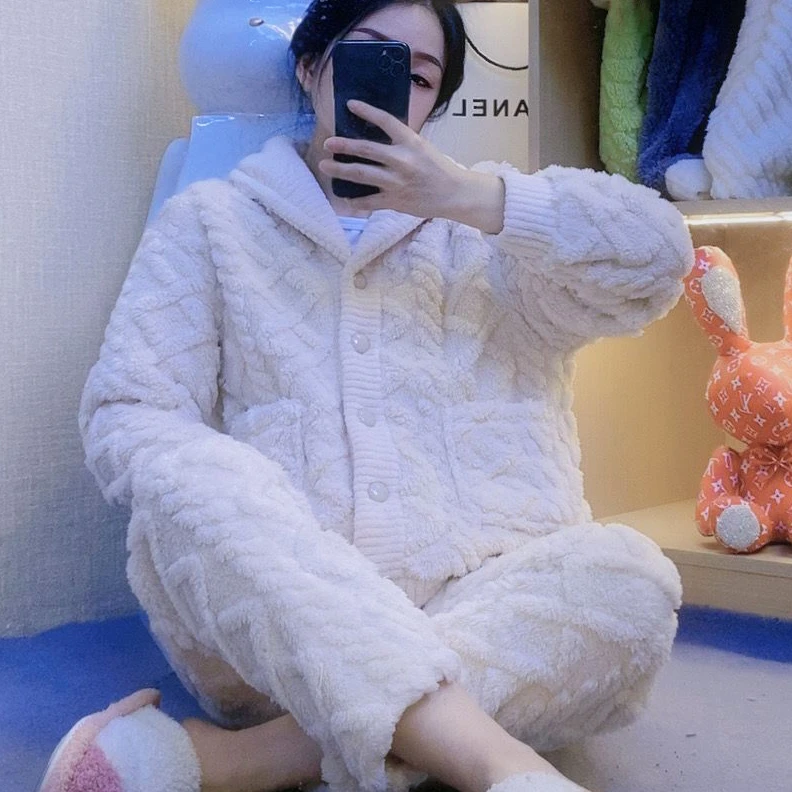 【清】秋冬加厚睡衣女提花加绒新款保暖套装可外穿毛绒家居服女