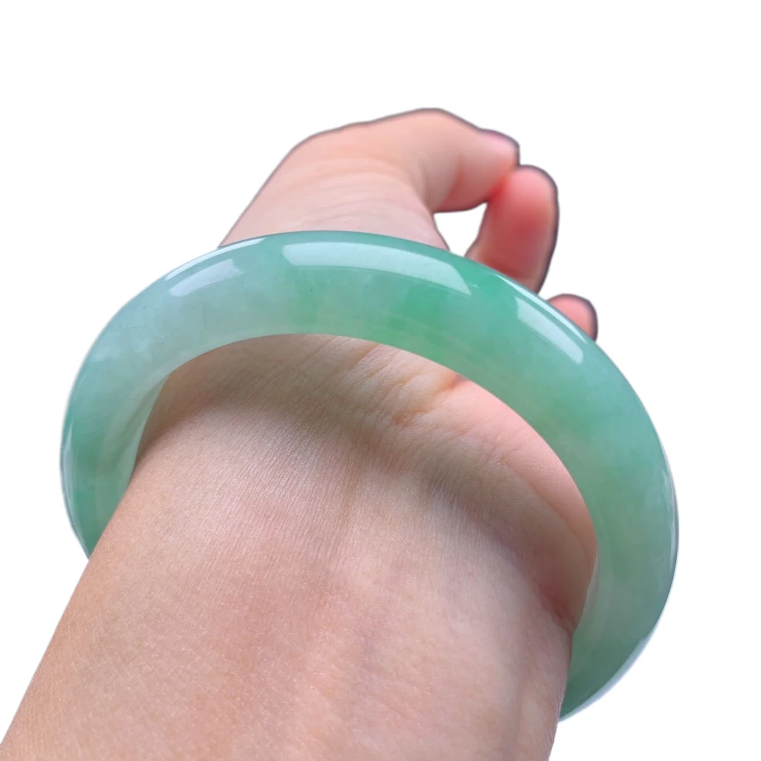 缅甸天然翡翠A货53圈口糯冰种满绿飘阳绿正圈厚装玉手镯001624