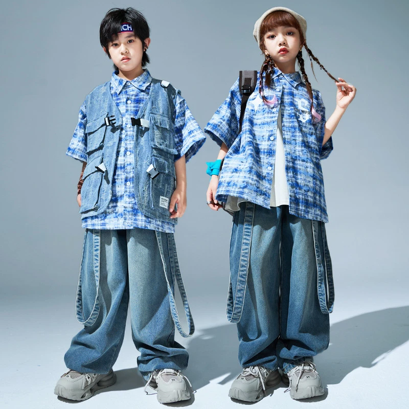街舞儿童潮服酷帅男童嘻哈格子衬衫牛仔马甲套装hiphop女童潮装夏