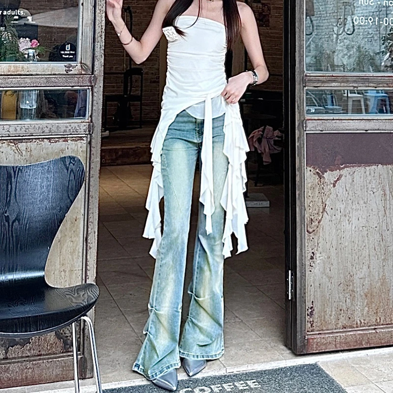 【美式辣妹】高腰显瘦修身弹力微喇牛仔裤女2024年新品复古拖地裤子