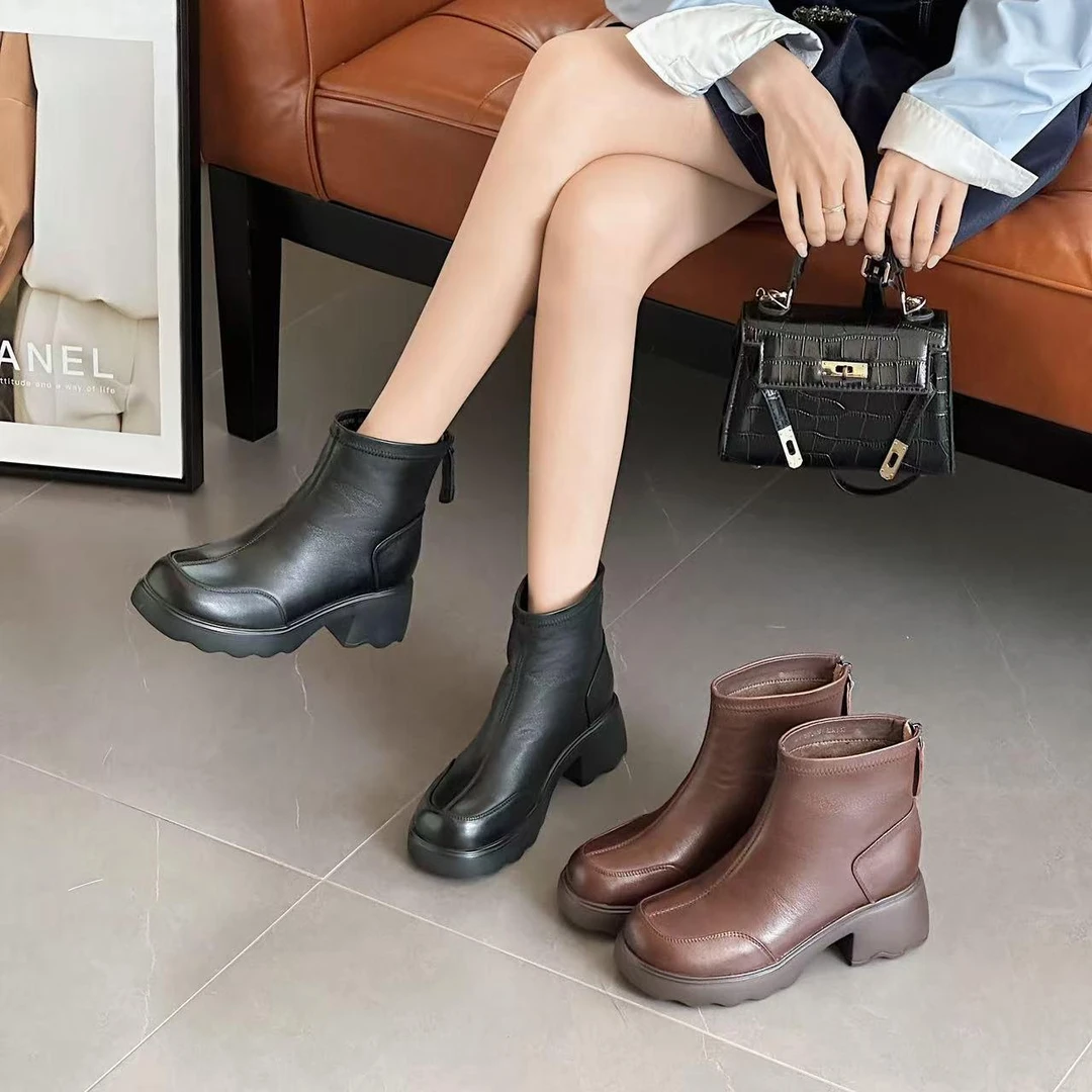 琉香记【优选】688016秋冬圆头加绒短靴复古英伦风马丁靴