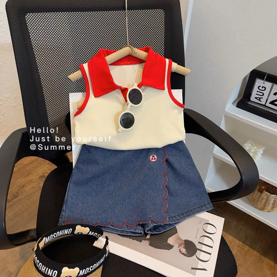 2025夏季新款韩版气质女童薄款无袖上衣牛仔短裤裙两件套23277