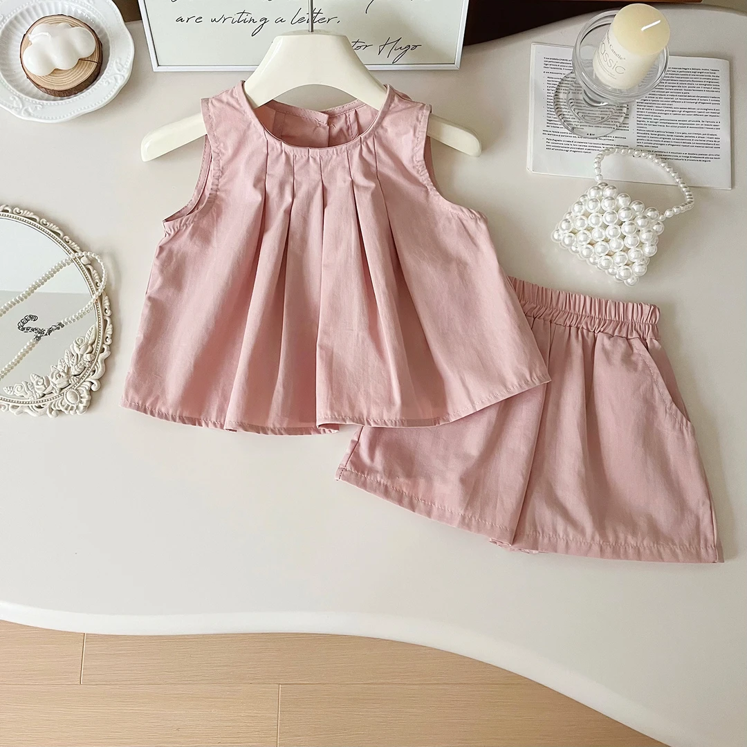 2024夏季洋气复古工艺女童无袖上衣裤子套装S24318