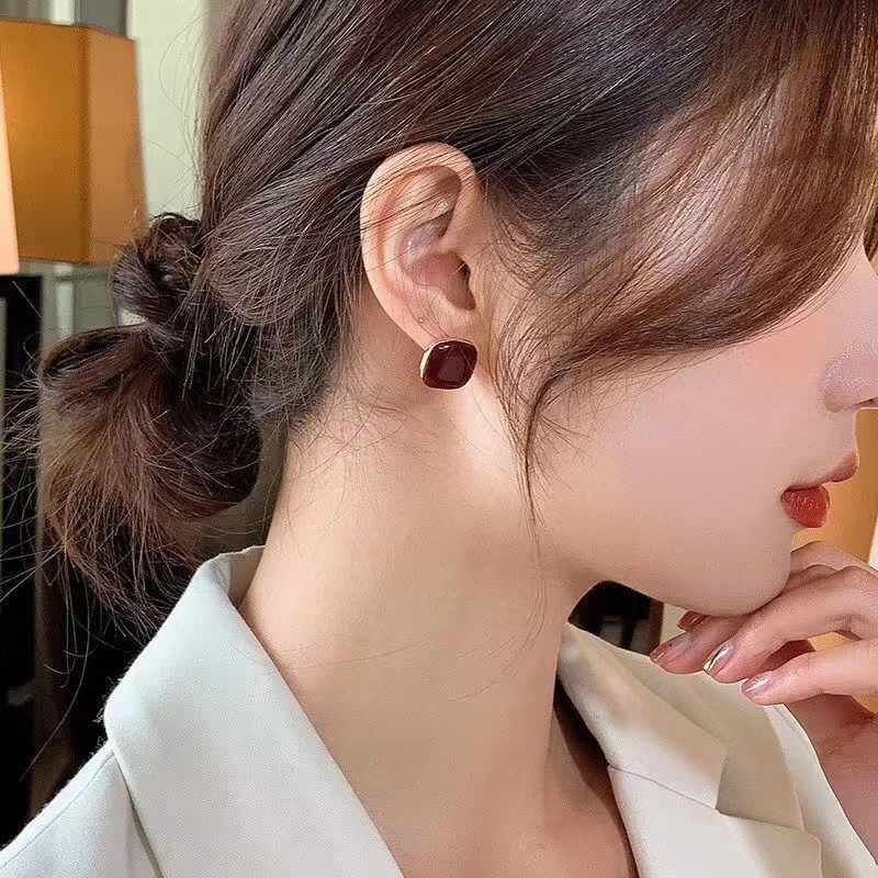 铜合金耳饰 【62号】『新茶暖酒』气质百搭复古红色简约耳钉c-037