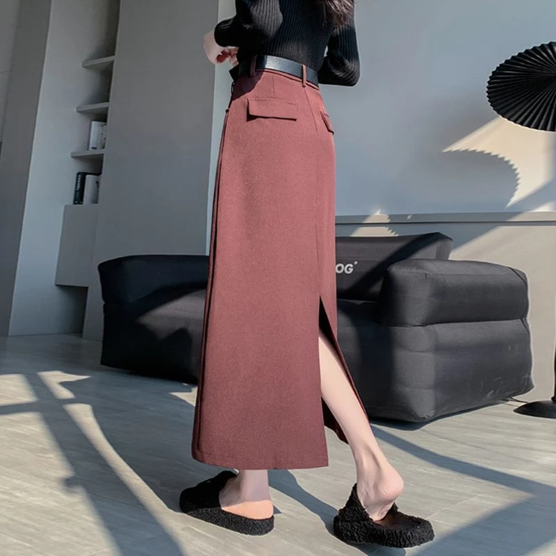 西装半身裙女2025春夏新款小个子高腰垂感A字显瘦开叉一步裙长裙