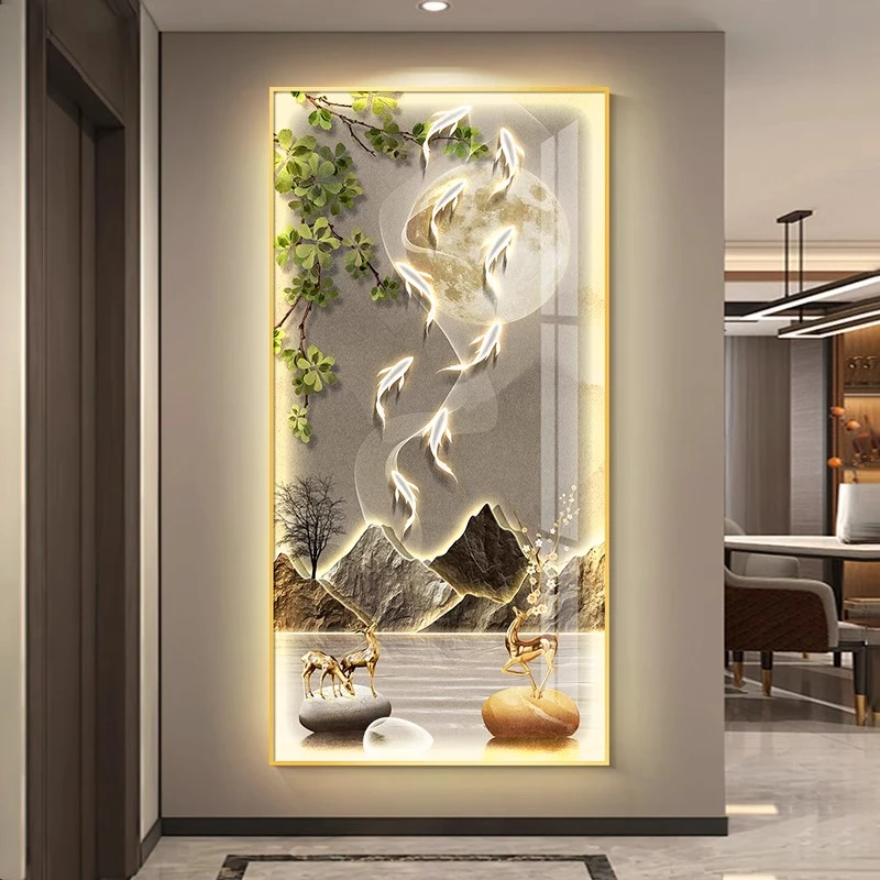 新款九鱼图入户玄关装饰画简约现代挂画走廊过道喻意好壁画竖版