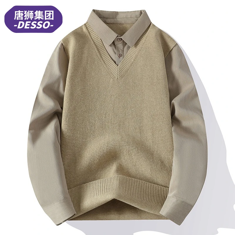 唐獅集团DESSO秋冬宽松打底衬衫领保暖毛衣男士百搭潮流假两件上