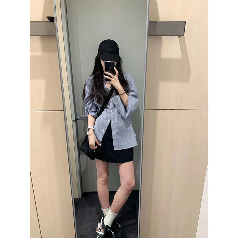 衬衫女士夏季百搭翻领排扣长袖时尚防晒宽松显瘦百搭薄款休闲上衣