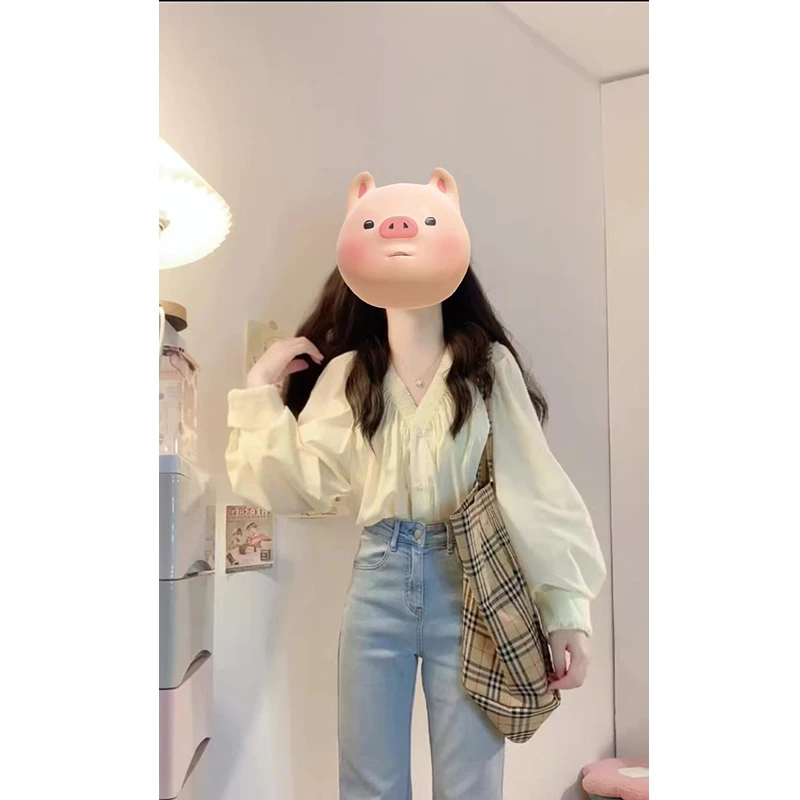时尚穿搭女士早秋季V领气质宽松长袖衬衫上衣高腰长裤显瘦牛仔裤