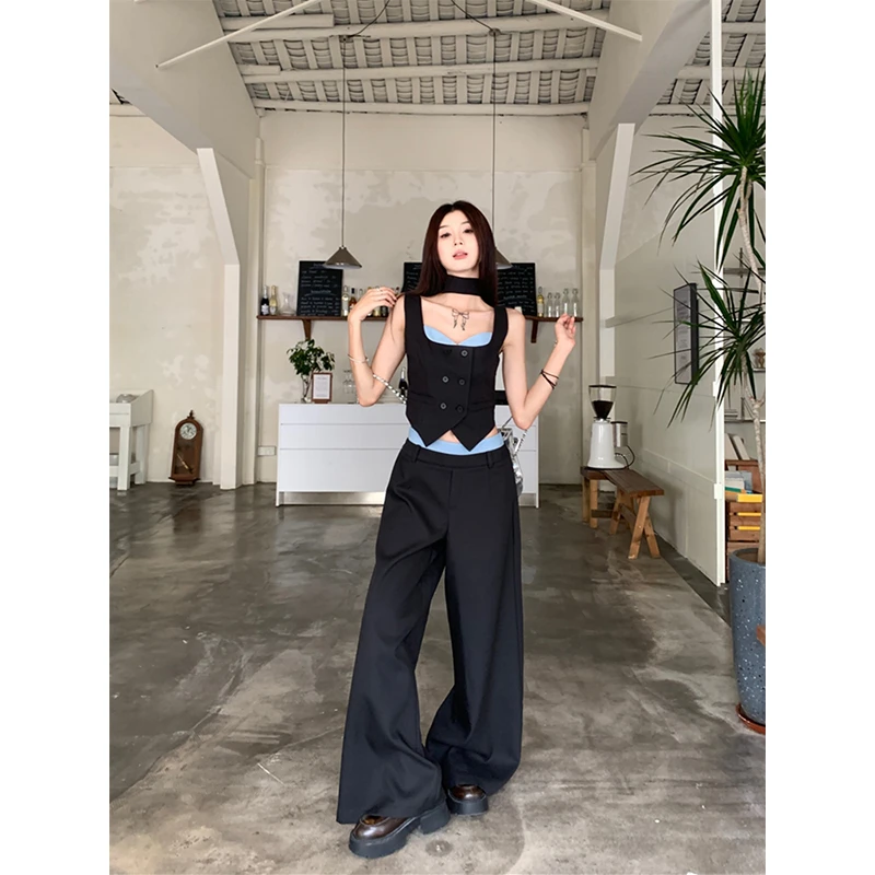 时尚套装女士2024秋季新款减龄假两件吊带上衣修身短裙直筒阔腿裤