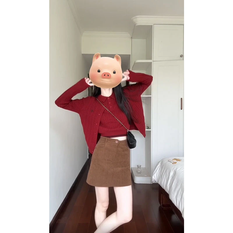 时尚穿搭女士秋季翻领内搭短袖上衣长袖单排扣开衫外套百搭半身裙