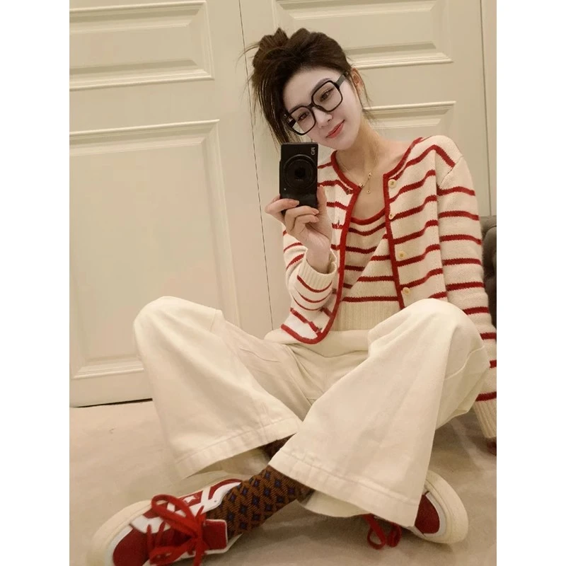 针织衫女士春季红白条纹撞色内搭打底衫温柔宽松显瘦百搭长袖开衫