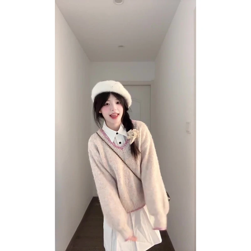 2024新款女士秋季慵懒风V领宽松百搭长袖毛针织衫上衣衬衫短裙