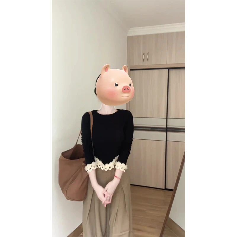 时尚穿搭女士秋季花边设计感不规则长袖上衣宽松休闲裤显瘦阔腿裤