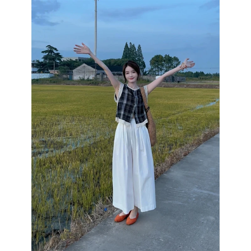 时尚穿搭女士夏季复古蕾丝拼接花边无袖衬衫宽松阔腿裤显瘦休闲裤