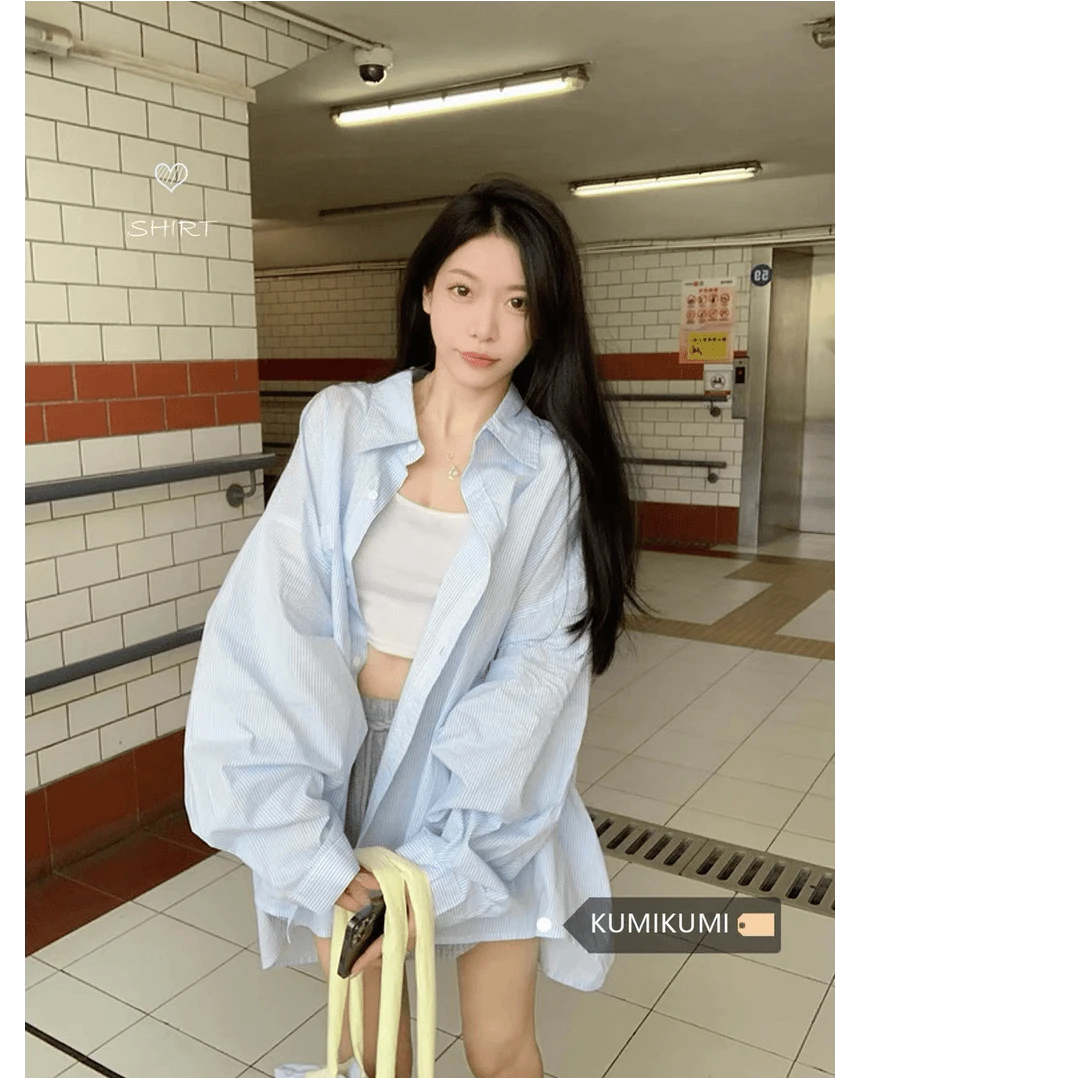 【五色】蓝色条纹polo领衬衫女慵懒休闲长袖上衣宽松中长款防晒衬衣