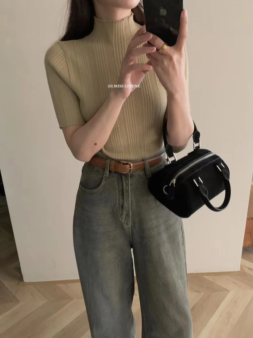 imiss@0618  半高领坑条纹针织上衣 12.15