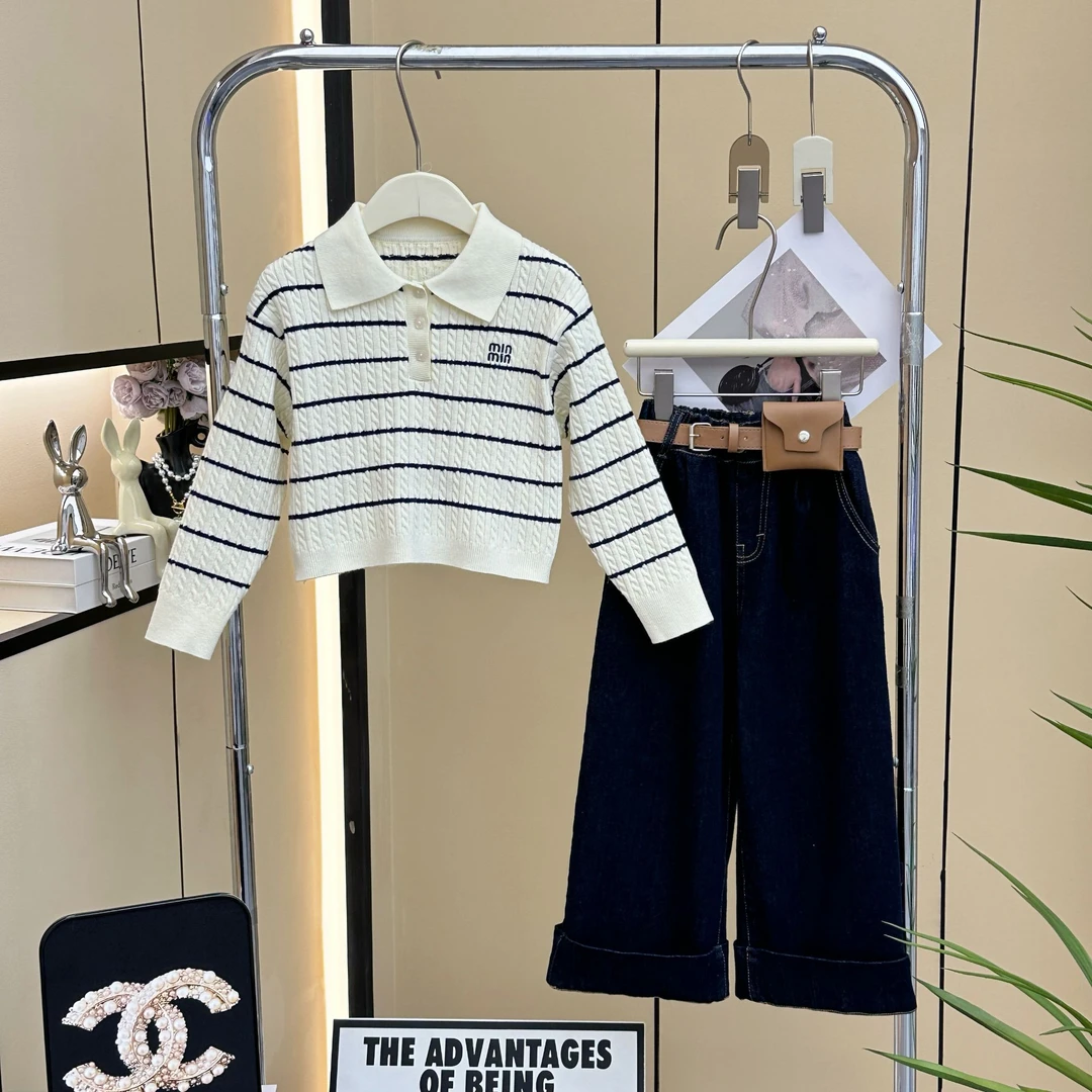 【糖宝魔豆】女童秋装套装2024新款洋气中大童条纹毛衣+牛仔直筒裤