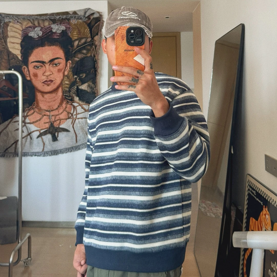 清仓款新款老颜原创重磅条纹长袖卫衣男复古圆领百搭休闲套头上衣