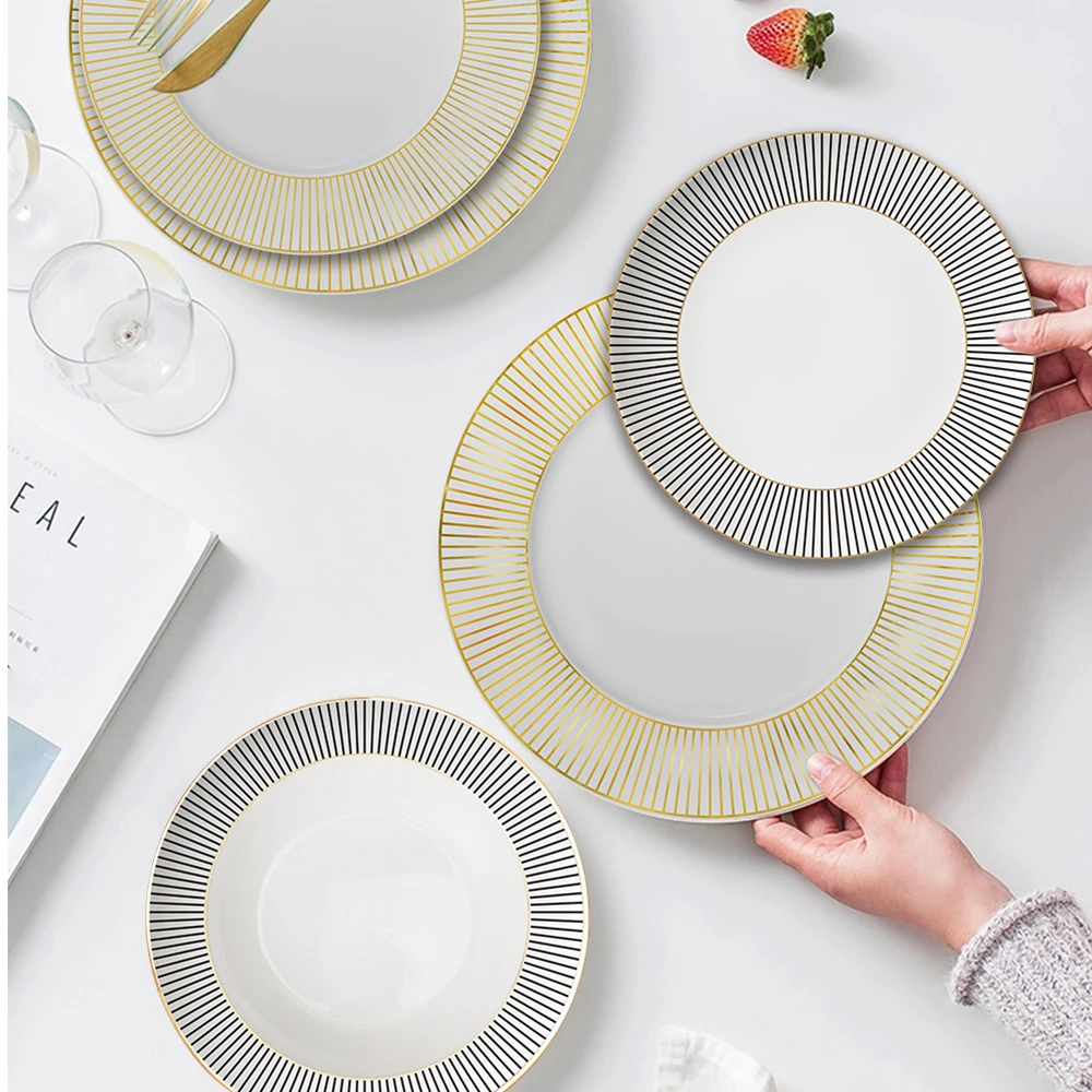 北欧风陶瓷几何线条金线条餐具简约几何纹骨瓷家用套装酒店骨套装