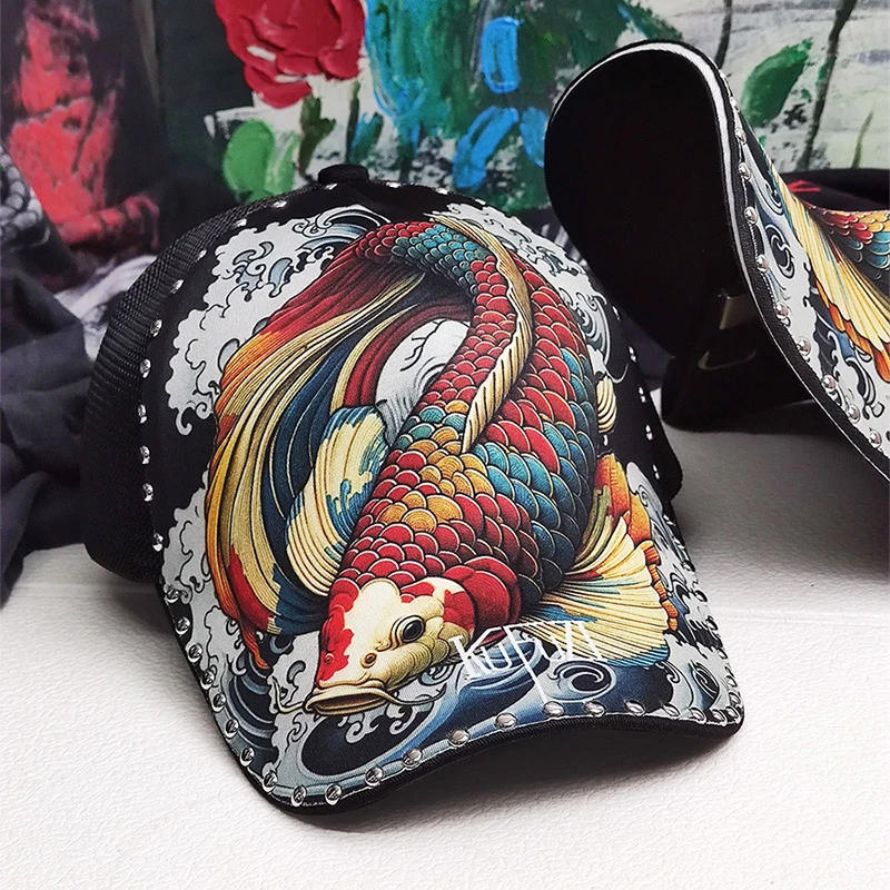 帽子男士户外时尚休闲棒球帽夏季个性锦鲤印花国潮鸭舌帽网帽透气