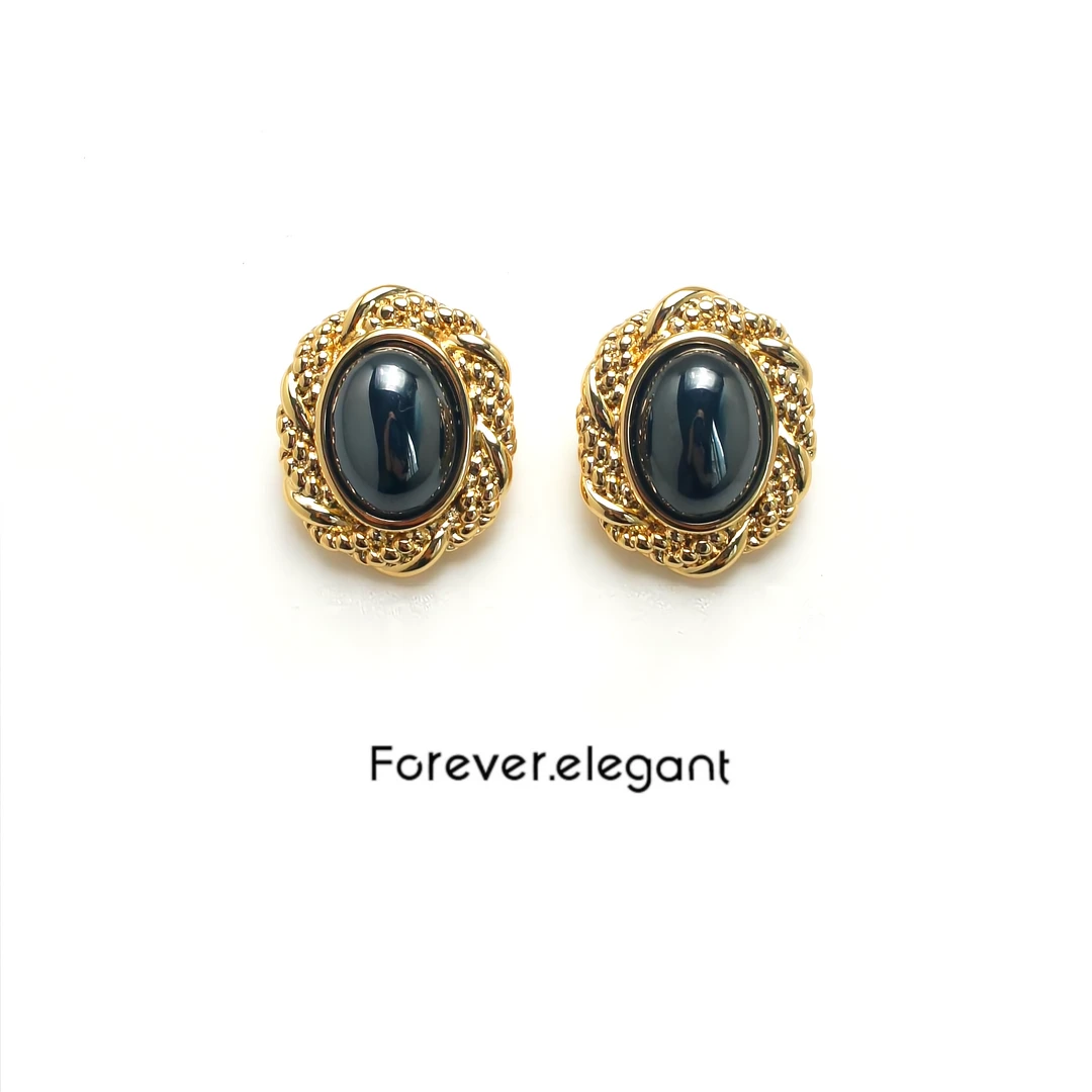 铜合金仿水晶耳饰 手工吊坠气质镶嵌欧美黑色古法耳环-黑金时代