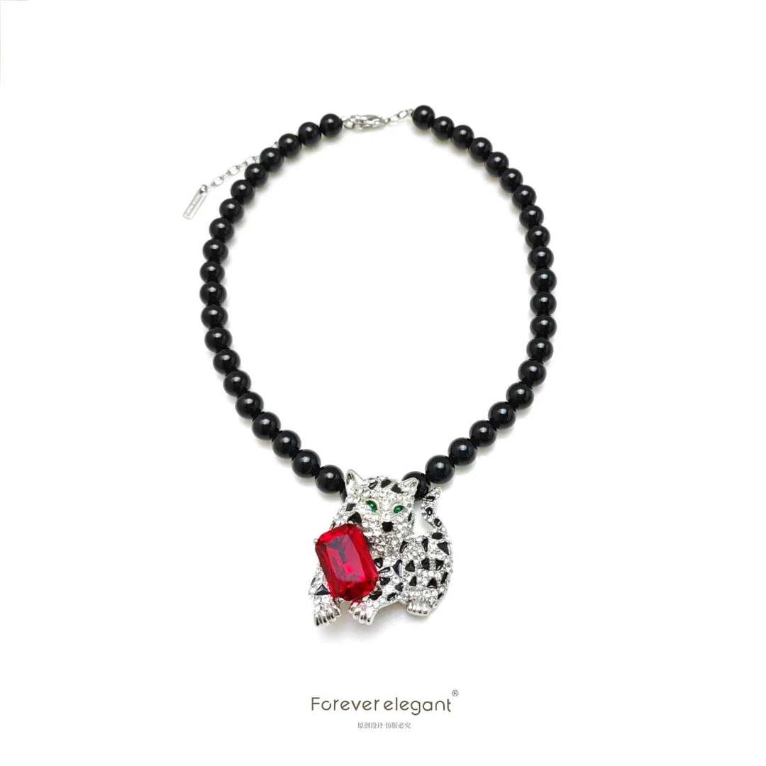 铜合金仿珍珠项链 彩色镶嵌红色时尚豹子大气精致项链-拥豹